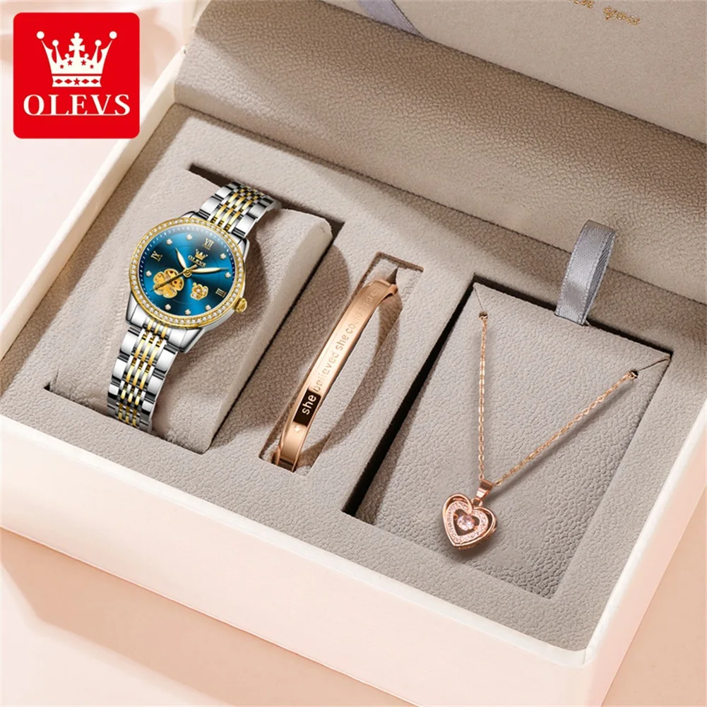 OLEVS Women\'s Watches Elegant Fashion Hollow Flower Dial Automatic Wristwatch Waterproof Jubilee Strap Bracelet Necklace Set