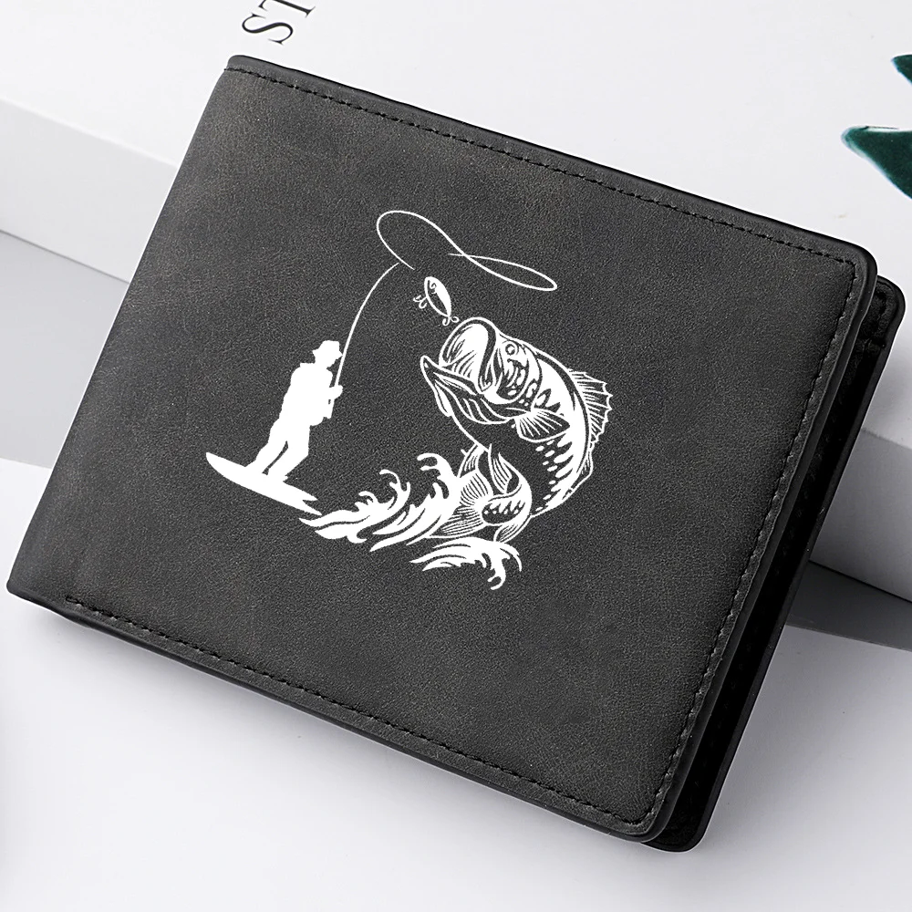 Men's Retro PU Leather Double-Layer Wallet Casual Short Style with Fishing Man Pattern Multi-Card Slots Credit Card Holder