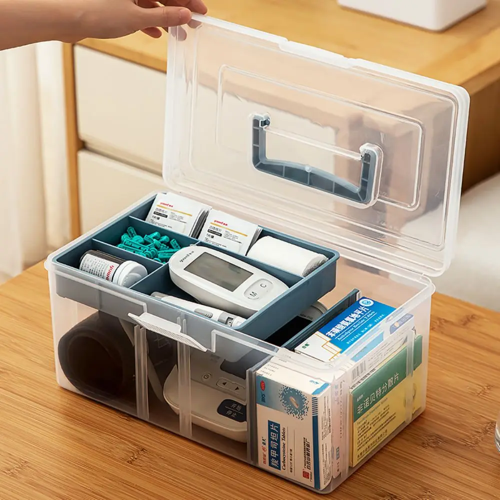 Portable Glucose Meter Storage Case Two-layer with Handle Pill Organizer Case Lidded Large Capacity Medication Organizer Box