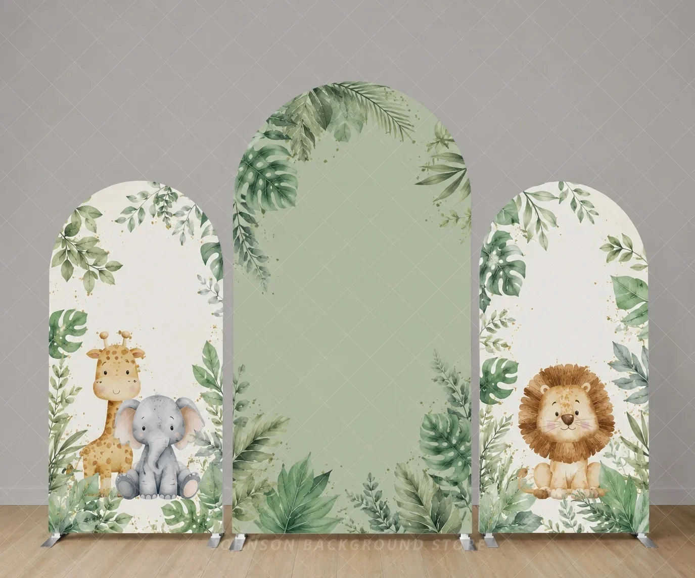 Safari Jungle Baby Shower Arch Cover Backdrop Cute Lion Elephant Giraffe Greenery 3 Panel Background