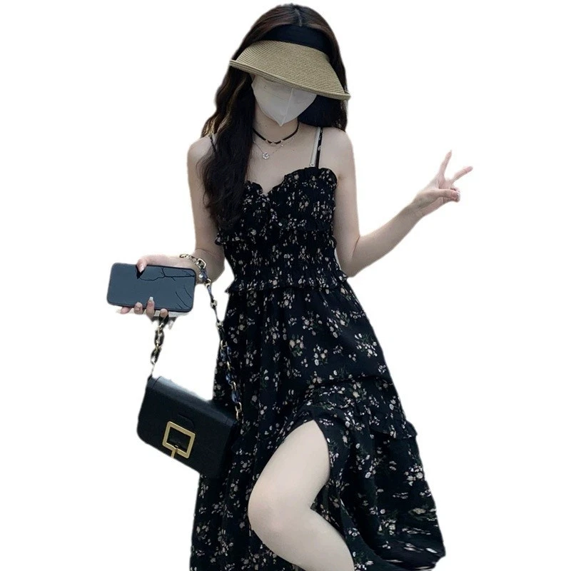 

Casual Black Floral Long Strappy Maxi Split Dress For Women New PY26007