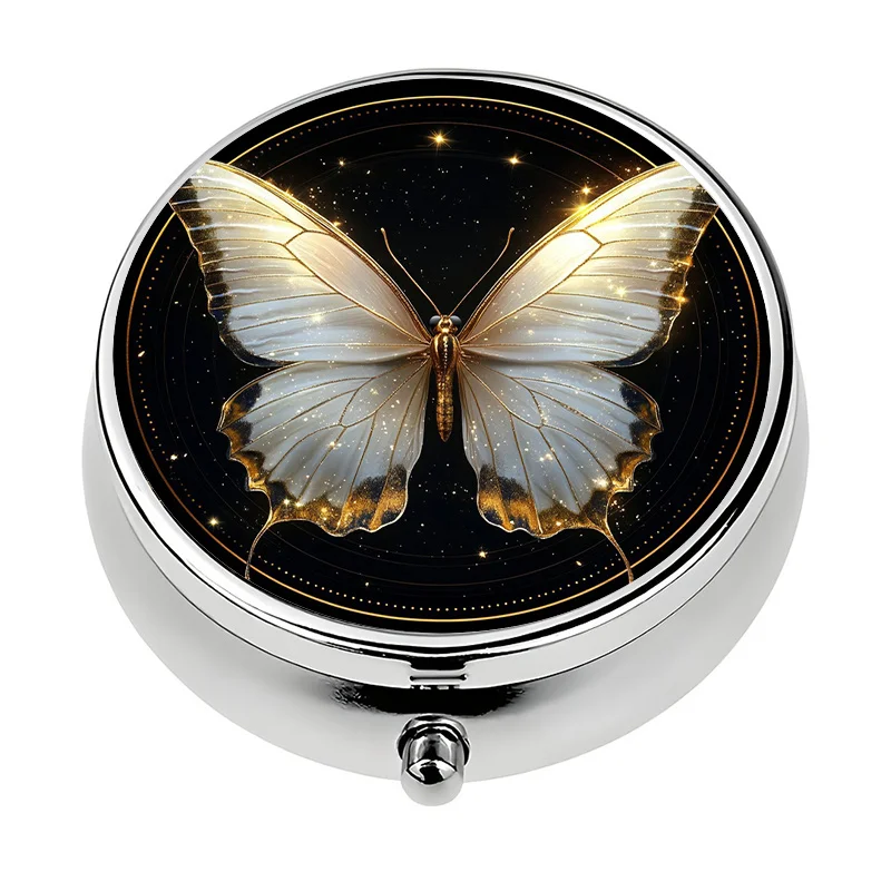 1 metal 3-compartment butterfly pill box, with a gold-tone lid, white butterfly and starry sky design - portable medication organizer, suitable for daily medication storage while traveling