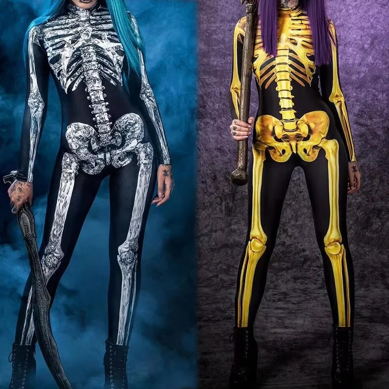 

OA Women Horror Skeleton Jumpsuit Darkness Skull Performance Zentai Suit Cosplay Costume Holiday Party Stage Shows Bodysuit