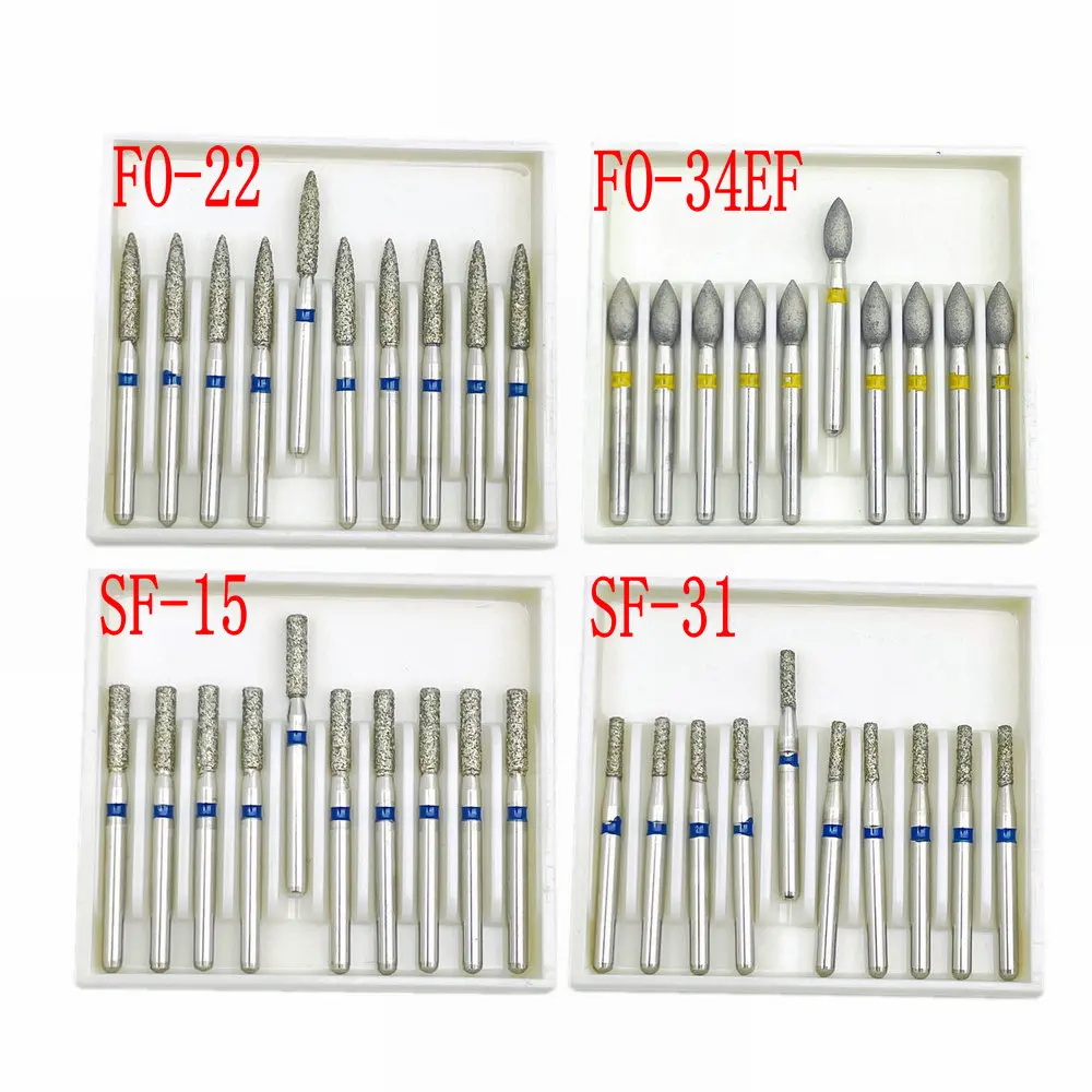 Fresas de diamante para odontología, brocas de mano de alta velocidad, vástago de 1,6mm, FG, 10 unids/lote por caja