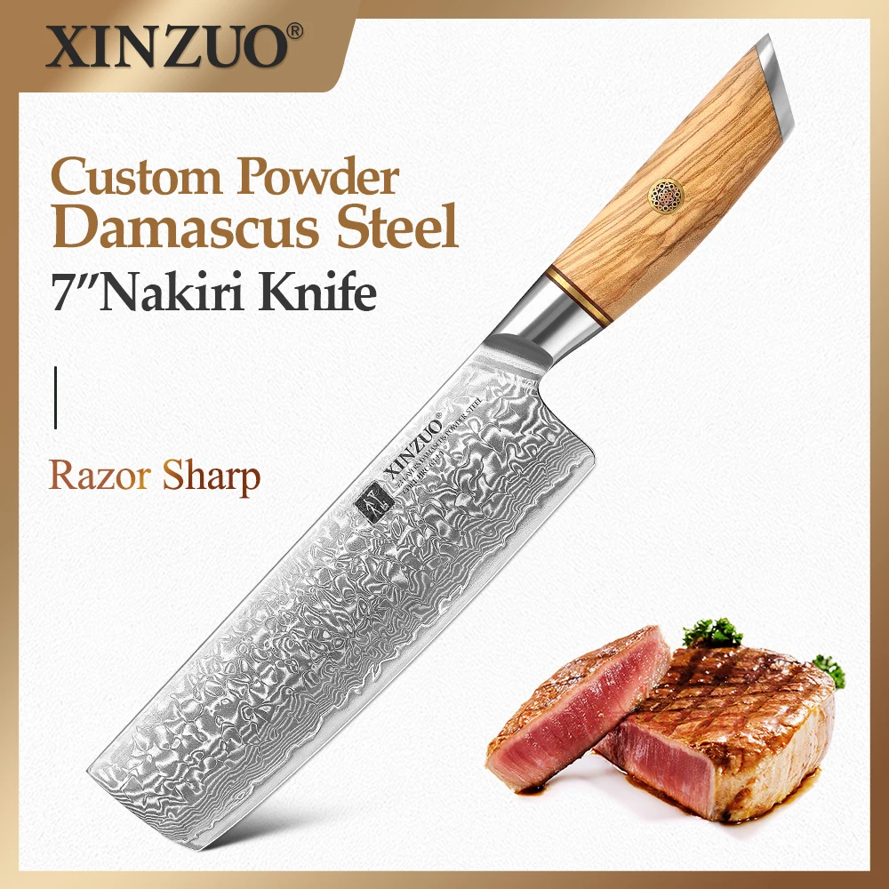 

XINZUO 7 Inch Chef Kitchen Knife 73 Layers Powder Steel Core Damascus Steel Chinese Cleaver Cook Knives With Olive Wood Handle