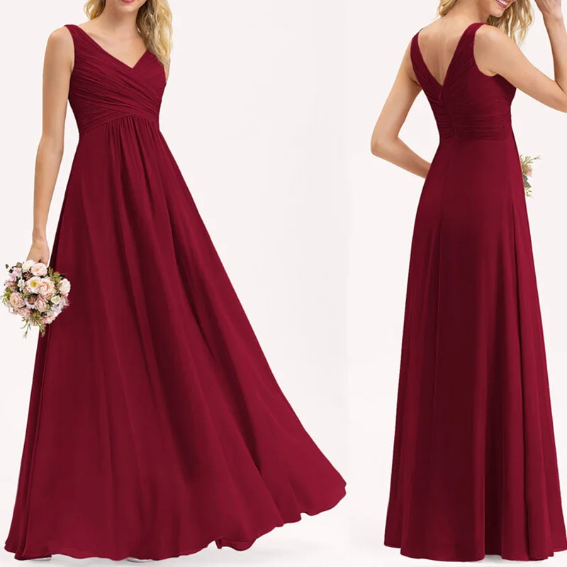 

A Line Chiffon V Neck Pleat Elegant Off Shoulder Bridesmaid Dresses Wedding Party Formal Prom Robe De Soiree Zipper Back