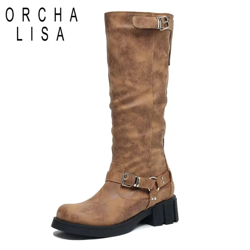 

ORCHA LISA 2025 Ретро женские ботинки с круглым носком на толстом каблуке 5 см без шнуровки с пряжками на ремне плюс размер 41 42 43 для отдыха на каждый день до колена Bota