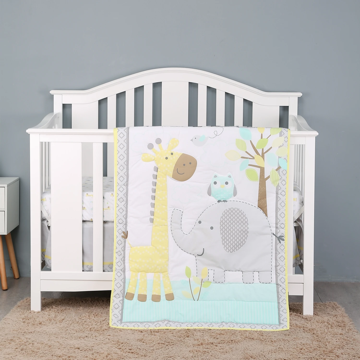 

3Pcs Woodland Forest Animals Crib Bedding Set Neutral Nursery Standard Size Baby Bedding Set (Comforter+Fitted Sheet+Crib Skirt)