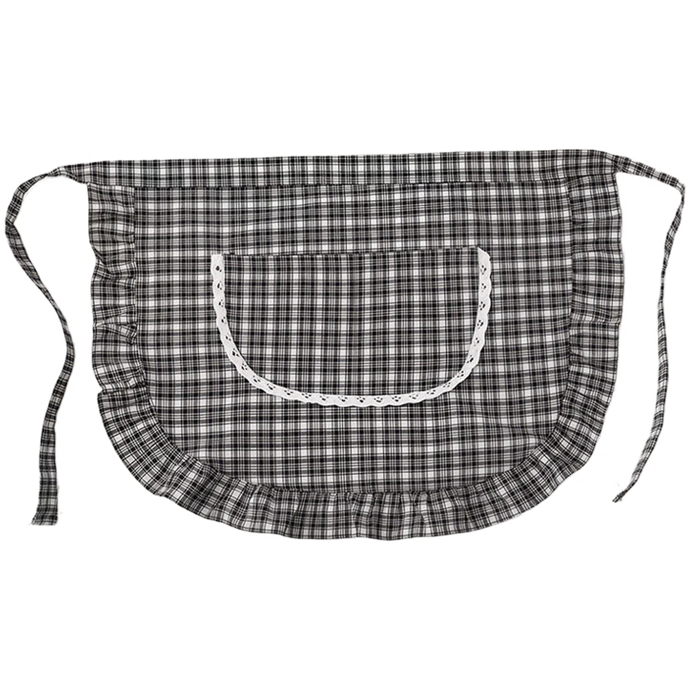Breathable Cotton Half Apron for Kitchen Use with Functional Pockets Lace Trim Gingham Pattern Red Black 53x39cm