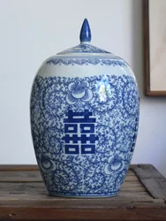 New Chinese Style Ornaments Ceramic Jar Antique Blue And White Happy Characters Canned Decorations Auspicious Vases Tea Jar