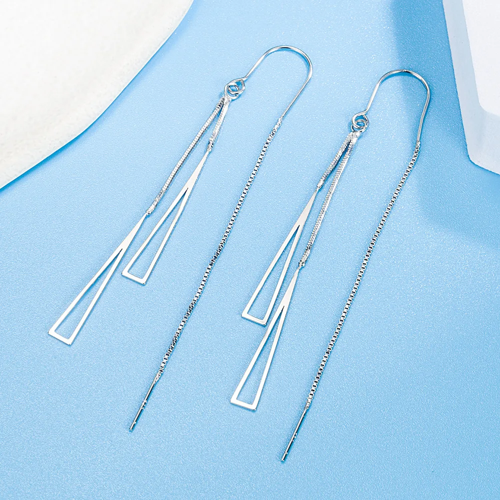 Real 925 Sterling Silver Triangle Pendant Necklace Box Chain Long Drop Earrings Jewelry Sets For Women Trendy FQL23062