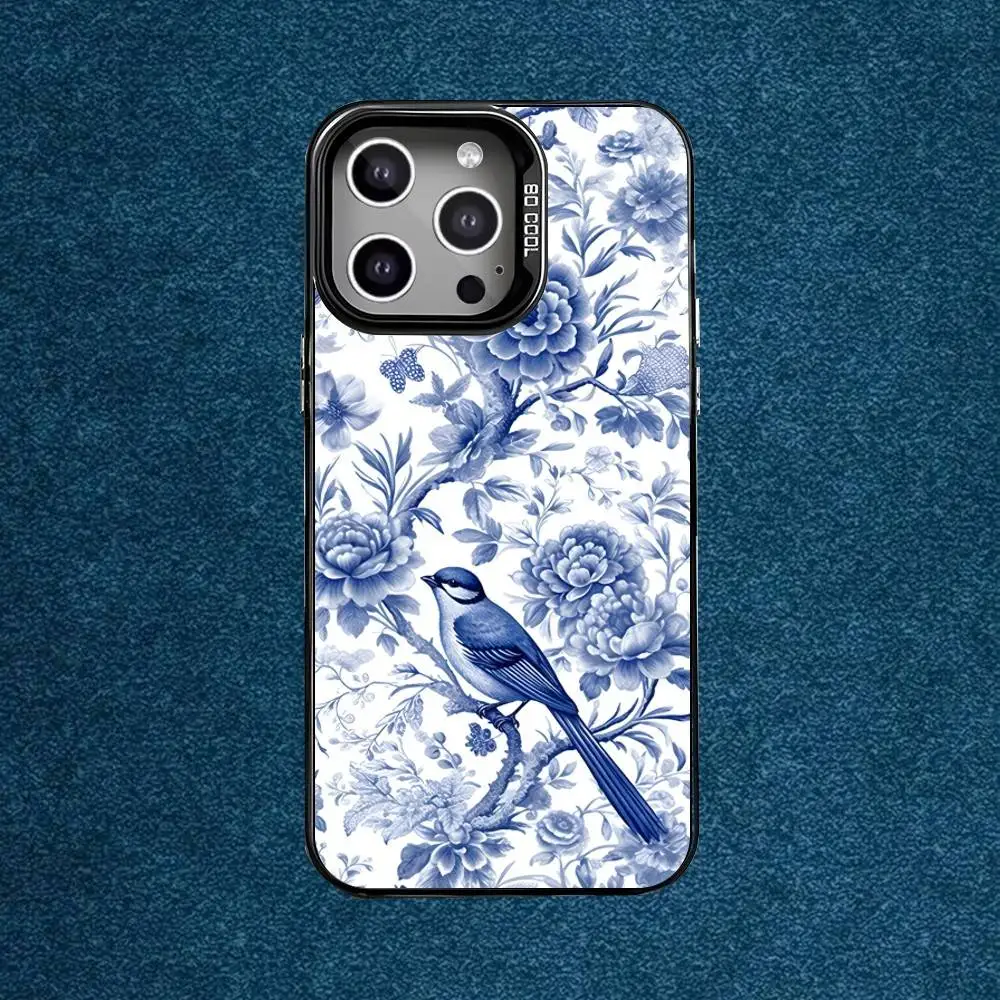 เคสโทรศัพท์ลายครามสีน้ำเงินขาว สำหรับ iPhone17,16,15,14,13,12,Mini,Pro,E,MAX สีเทาด้าน ซิลิโคนสีดำ