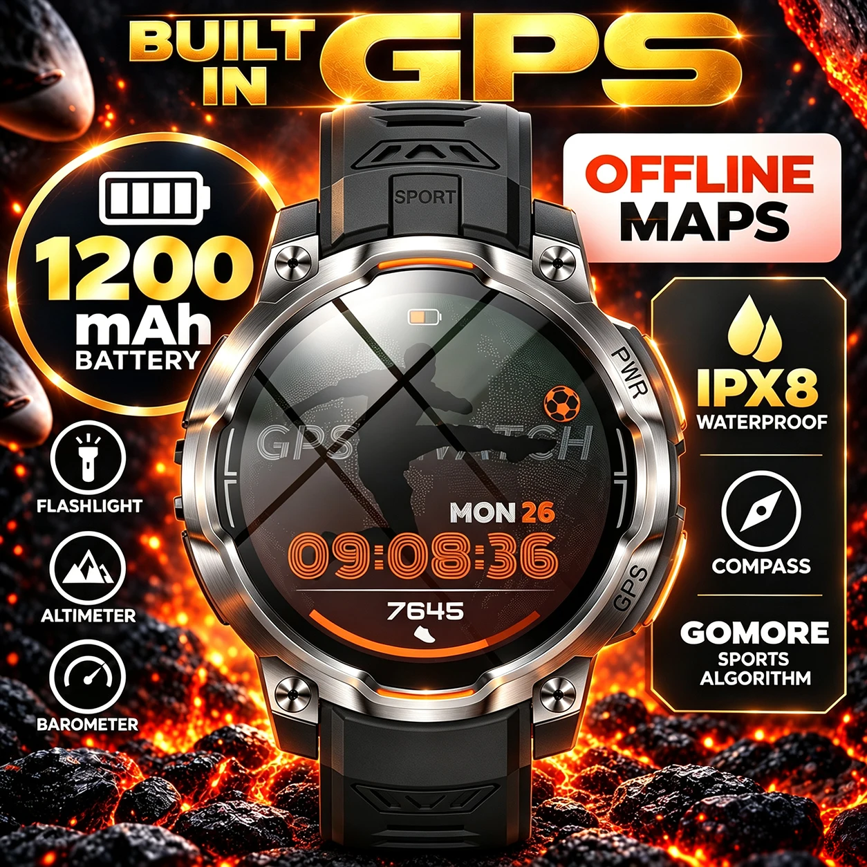 2026 Rugged Outdoor GPS Offline Maps Smart Watch Men 1200mAh IPX8 Compass Altimeter Barometer Flashlight GOMORE Sport Smartwatch