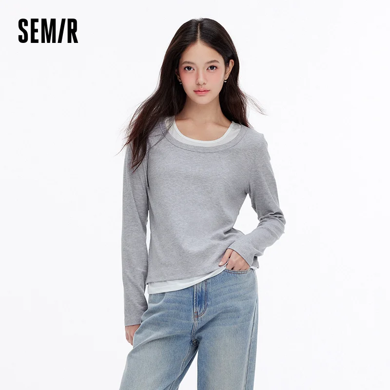 Semir Women Tshirt Slim Long Sleeve Patchwork Faux Two Piece Layering Base Top Autumn Casual Style Daily Wear 2026