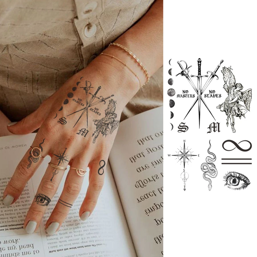 Assorted pattern herbal hand tattoo stickers bat letter venomous snake sun polar star sword eyes vintage style temporary tattoo gift