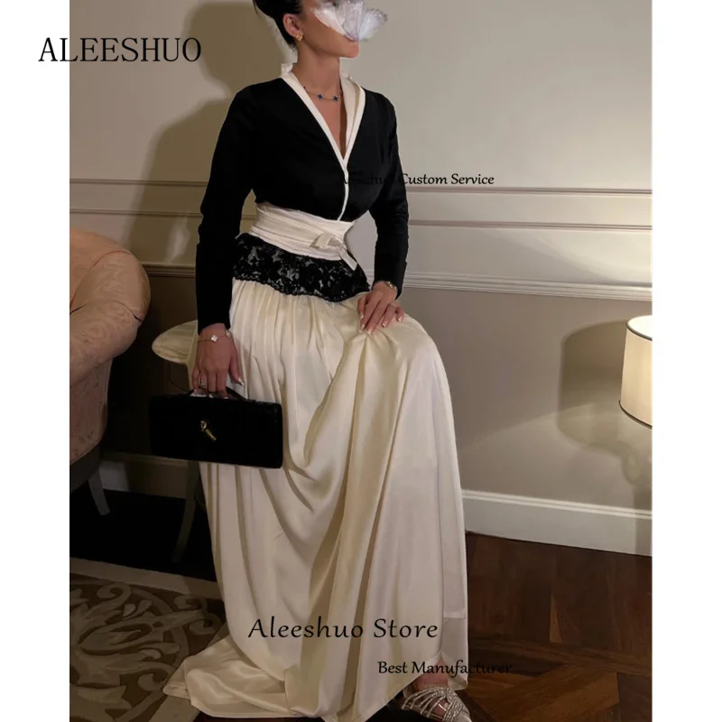 Aleeshuo Modern Satin Long Sleeve A-Line Prom Dresses Pleat Lace V-Neck Floor-Length Evening Dress Simple Black Gowns Customized