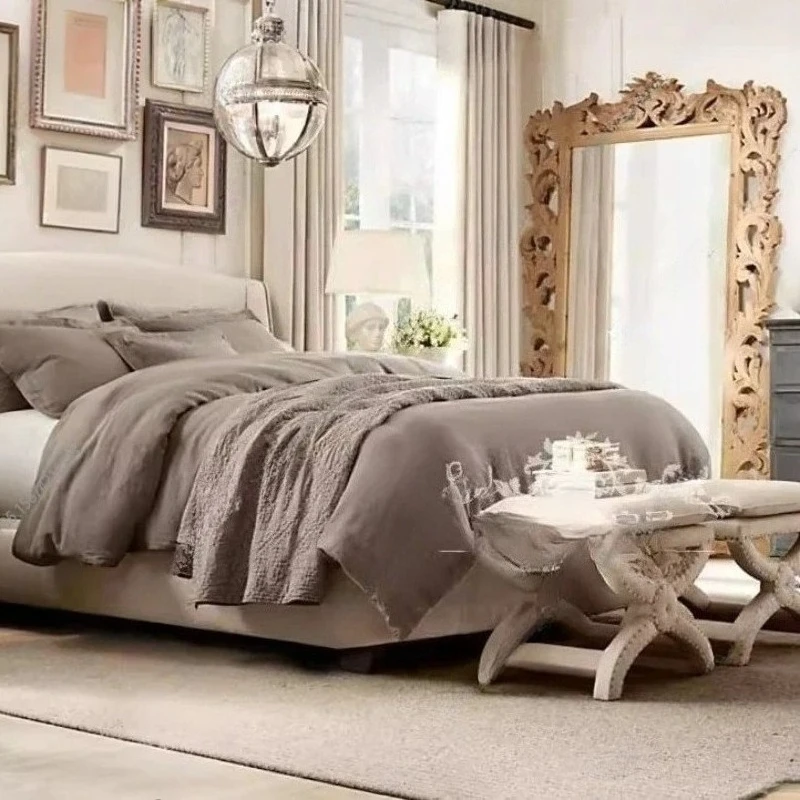

C69 American Country Solid Wood Carving Flower Dressing Floor Mirror French Retro Old Fitting Mirror