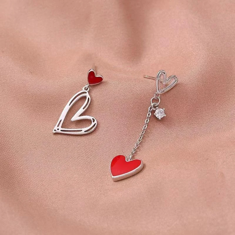 Korean 925 Silver Needle Zircon Asymmetric Heart-shaped Tassel Earrings for Women Fashion Personality Anniversary Party Jewelry