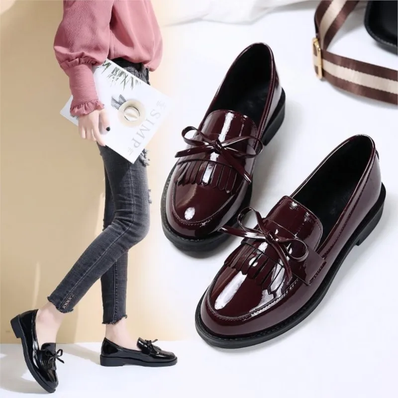 Chunky single shoes female spring and autumn new women's shoes bow leather shoes fringe loafers female British style C1351