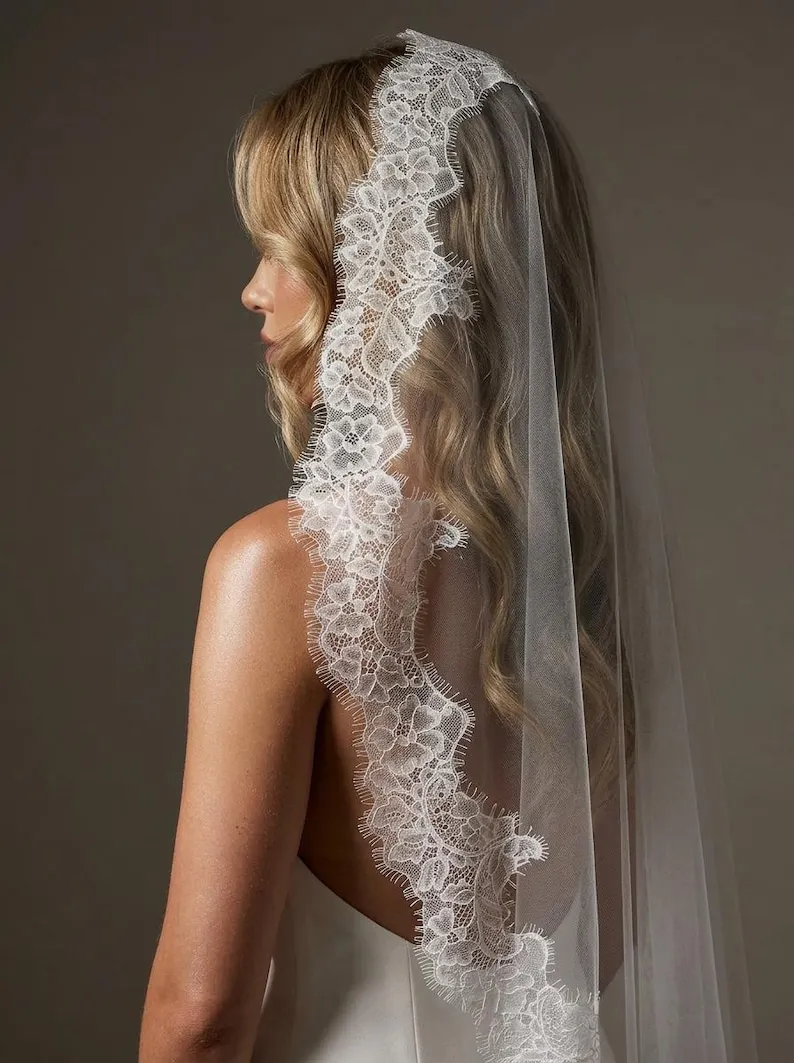 Lace Edge Veil Peony Bridal Veil Ivory Lace Mantilla Scalloped Edge Wedding Veil Soft Wedding Accessories Handmade Customization