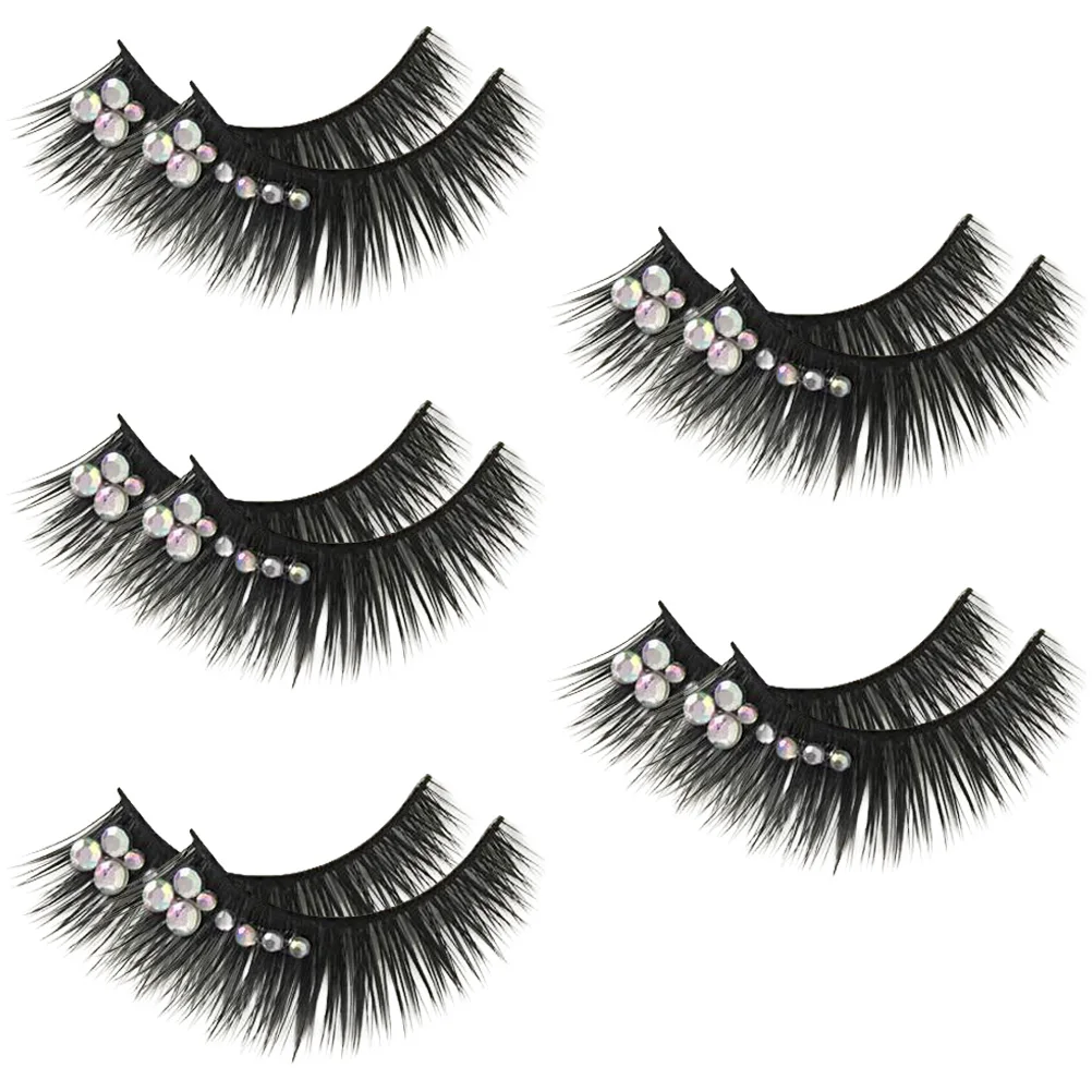 

5 Pairs Stage Eyelashes Long Fake Lashes Colored Gems Performance Artificial Fiber Women Realistic Exaggerated