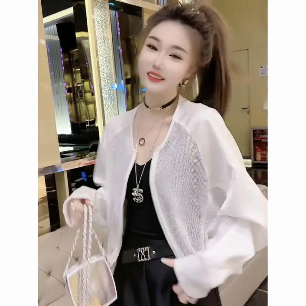 2026 Summer Hollow-out Mesh Spliced Thin Jacket Women Sun Protective Clothing Female High Street Baseball Uniform Short Jacket