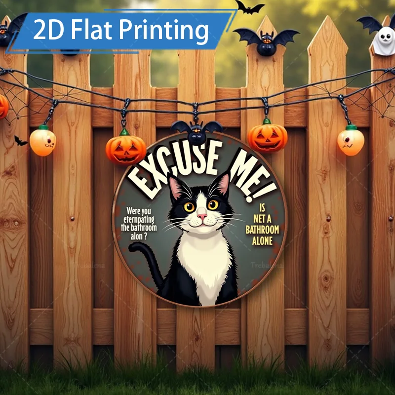 1pc 8x8inch Metal Sign Halloween Cat Sign "Excuse Me!" 2D Flat Print Decor for Outdoor Yard Art