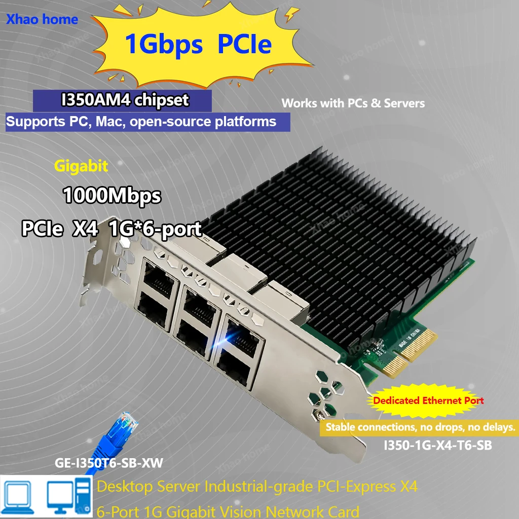 For Intel I350AM4 6-Port Gigabit Ethernet PCIe Network Card X4 RJ45 Ports Full/Half Duplex Server/Workstation NIC 10/100/1000M
