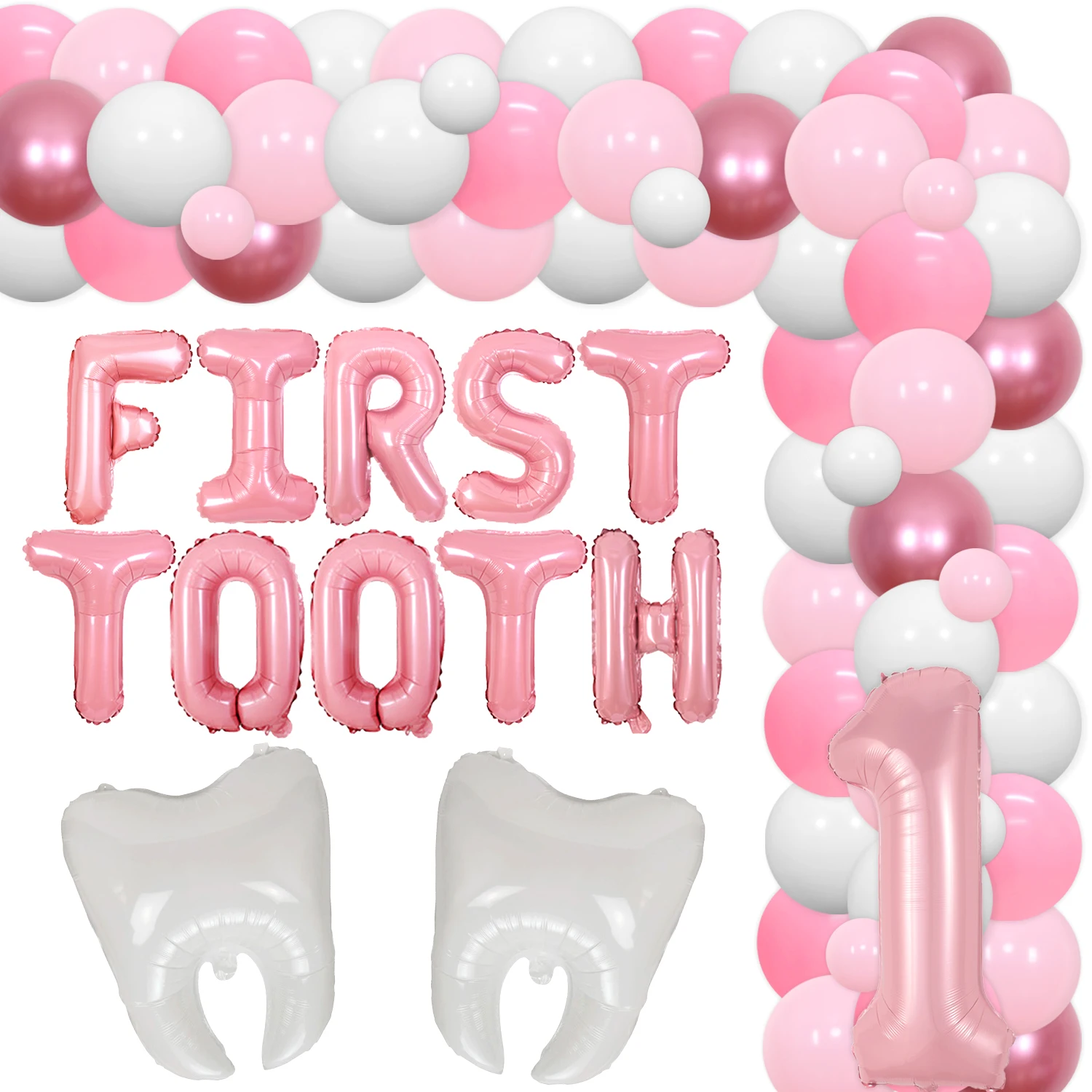 

First Tooth Themed Decor Birthday Party Supplies Size 1 Foil Balloon Arch Set Perfect for Girls 1st Birthday Party