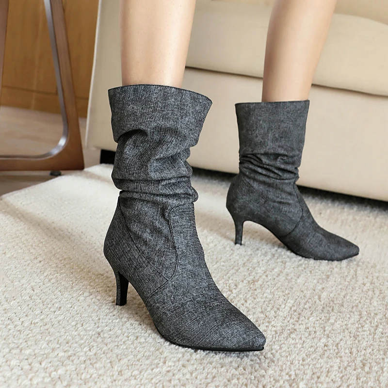 Faux Suede Leather Denim Jeans Pointed Toe Slip-on Botines Pleated Pattern Women Sexy Stretch Ankle Boots Spike Heels Rozmiar 47 48