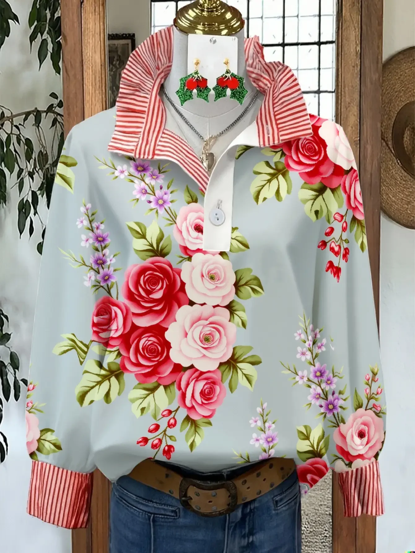 A women's top for spring and autumn winter, women's stand up collar shirt with long sleeves, a must-have for vacation travel, 