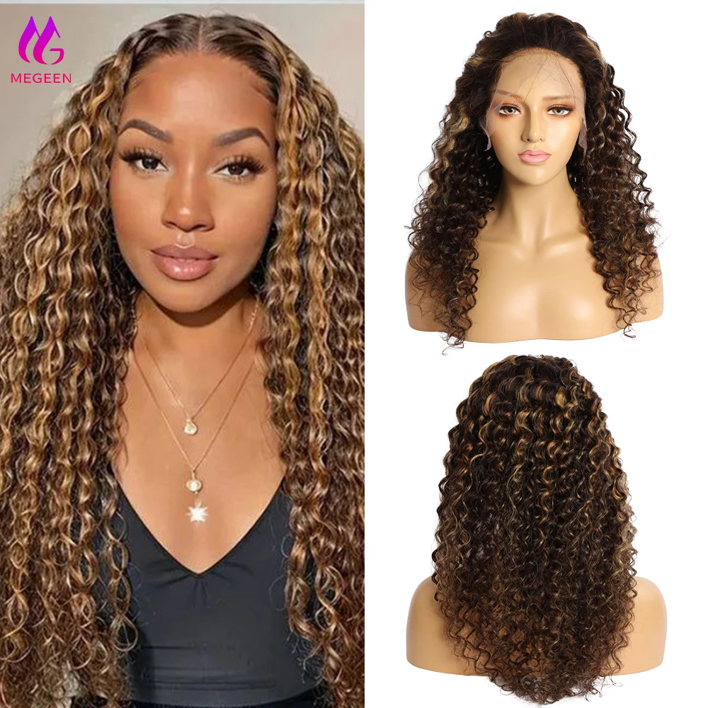 Megeen Virgin Hair Highlight Deep Wave Lace Front Wig Human Hair with Baby Hair P4/27 Curly 13x4 HD Transparent Lace Frontal Wig