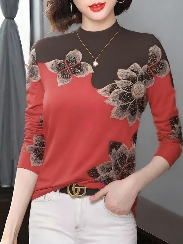 

Утепленная флисовая футболка с длинным рукавом и принтом, с воротником-стойкой, женская, для беременных, зимняя, теплая, повседневная, модная, для женщин среднего возраста