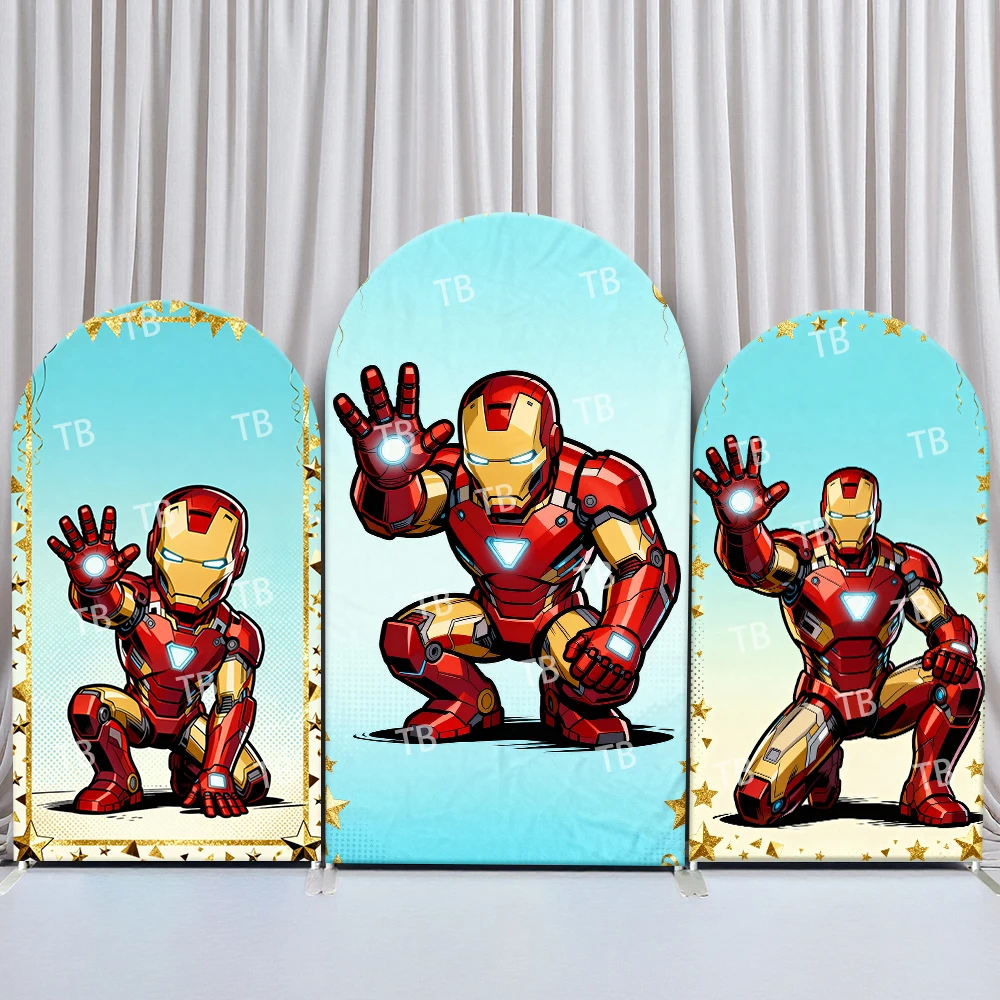 

Фон с аркой в стиле Чиби, Железный человек, золотые звезды, мультяшный стиль, день рождения и детский душ, вечеринка, фотобудка, декор, реквизит