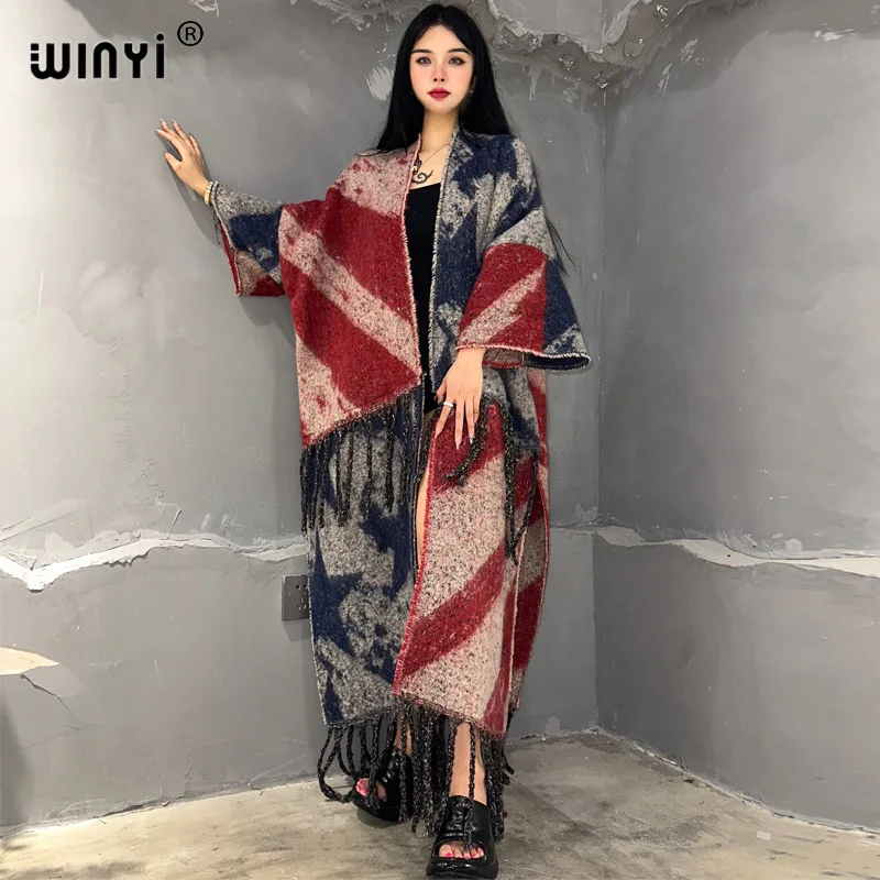 WINYI winter clothes for women Geometric print tassels Luxury Long Fur Loose OverCoat Thick Warm long down coat fashion cardigan