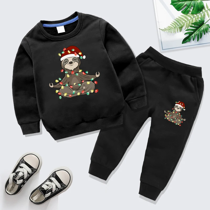 Children's New Christmas Yoga Sloth Print Tracksuit Autumn Long Sleeve Sweatshirt Matching Pants 2pc Set Boys Girls Xmas Hoodie