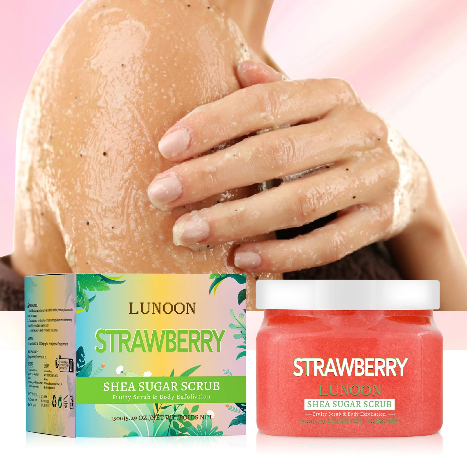 LUNOON Strawberry Shea Sugar Body Scrub Natural Fruit Extract Exfoliating Scrub Deep Hydrating Soft Smooth Skin Shower Body Care