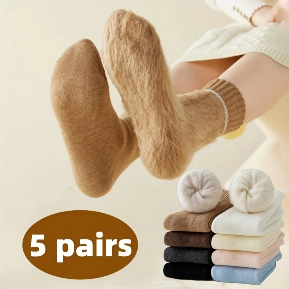 

Случайные 5, пары женских осенне-зимних носков до середины икры, утолщенные плюшевые чулки на флисовой подкладке, теплые махровые чулки