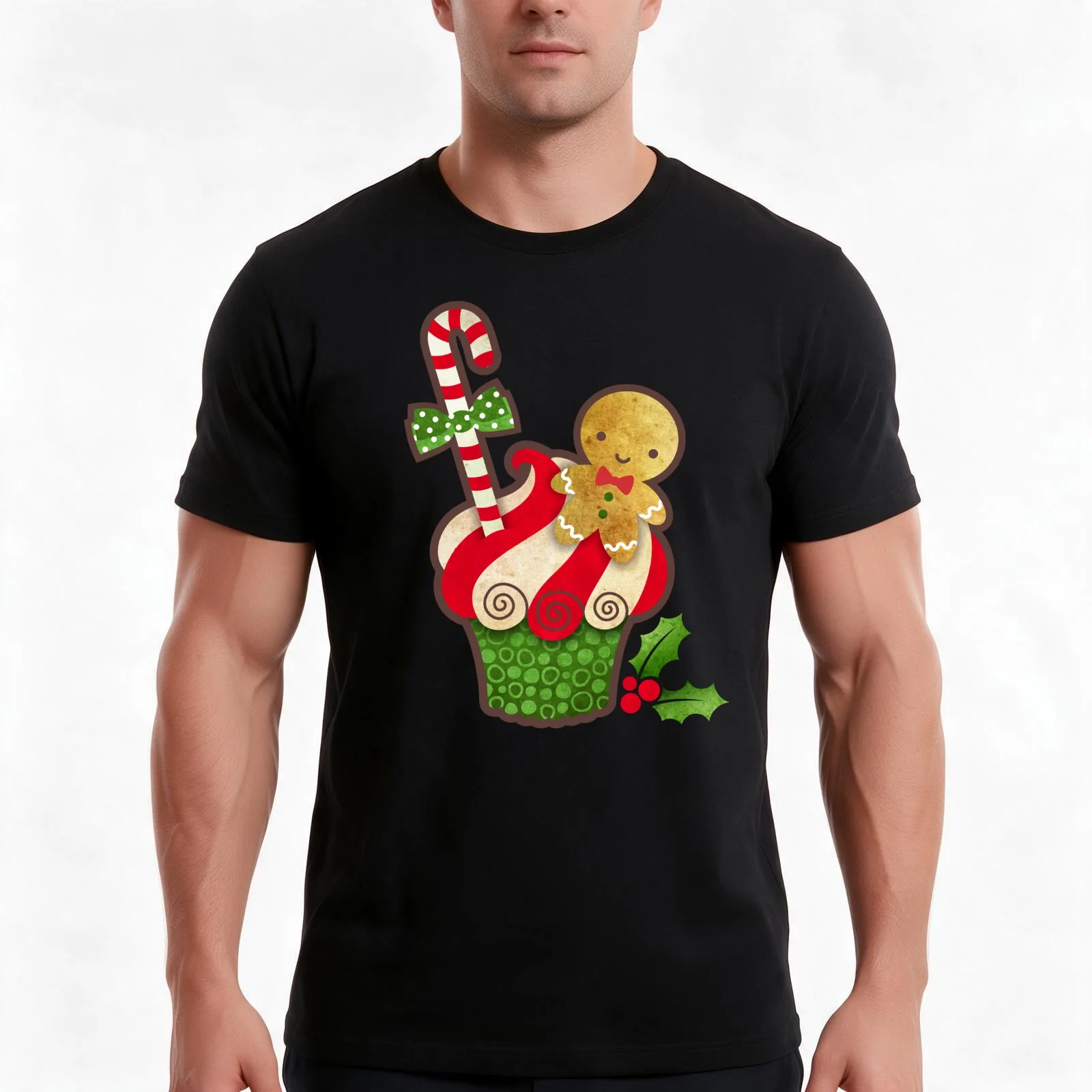 Christmas Cupcake Gingerbread Boy T-Shirt Summer Casual Cotton Tee Oversized Streetwear Tops Vintage Graphic Print