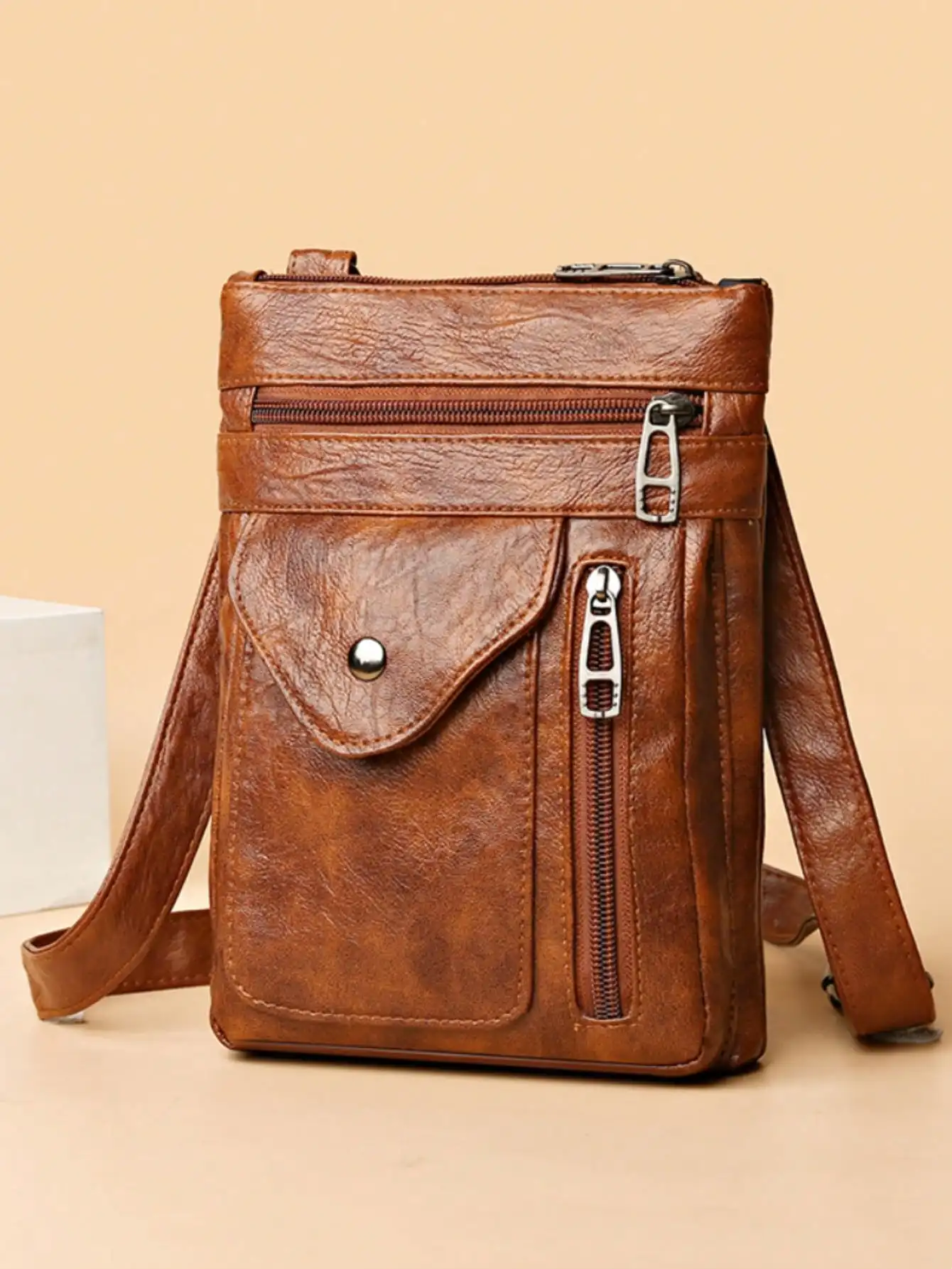 

Ретро-сумка через плечо из искусственной кожи с несколькими молниями и широким ремнем