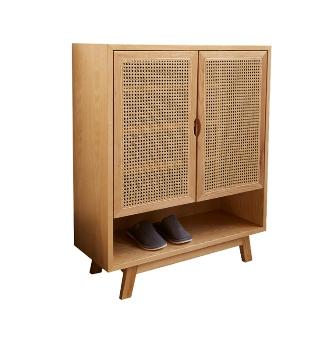 2 Drawers 4 Doors Shoe Storage Racks Cabinet Shoe Organizer Living Room Furniture Oak Wood Wooden Furniture Modern Wooden Rattan