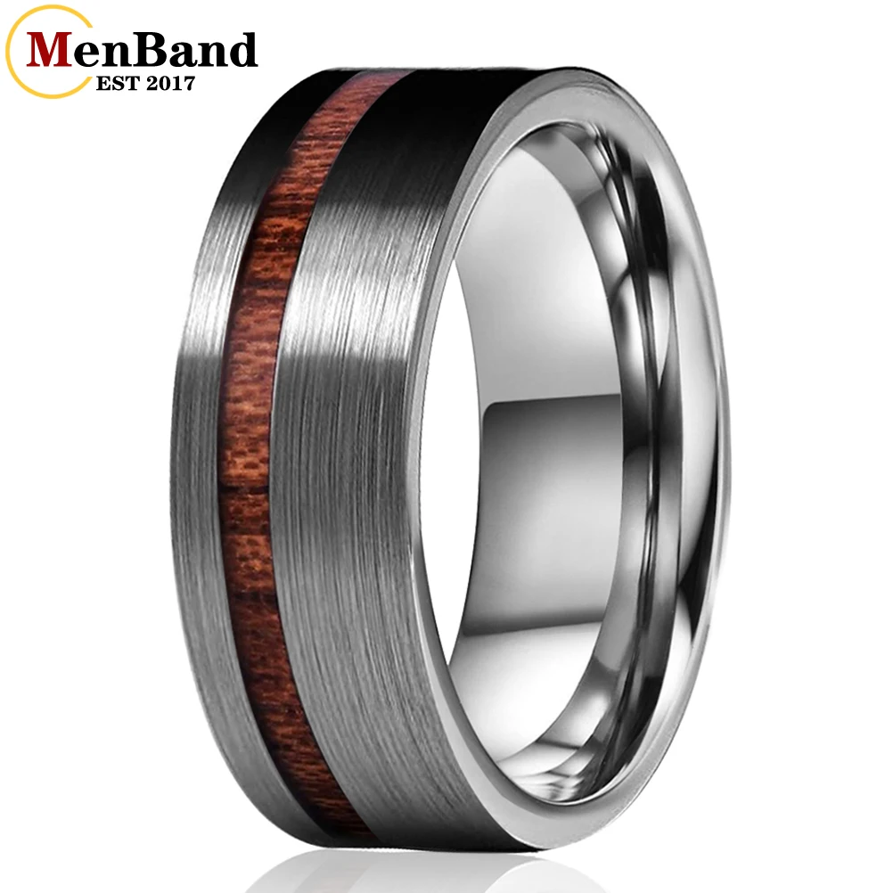 

MenBand 6MM 8MM Men Women Tungsten Inlay Ring Flat Wedding Band With Offset Groove Real Wood Inlay Brushed Polished Comfort Fit