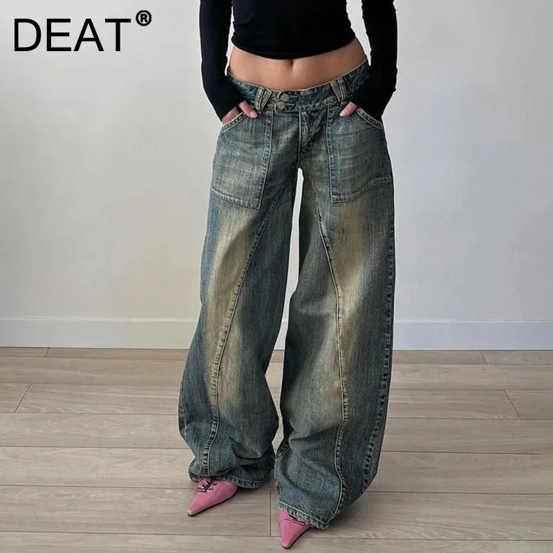 DEAT Women's Fashion Gradient Denim Long Pants 2025 Spring New Items Trendy Pockets High End Causal Loose Jeans Female 33A2423