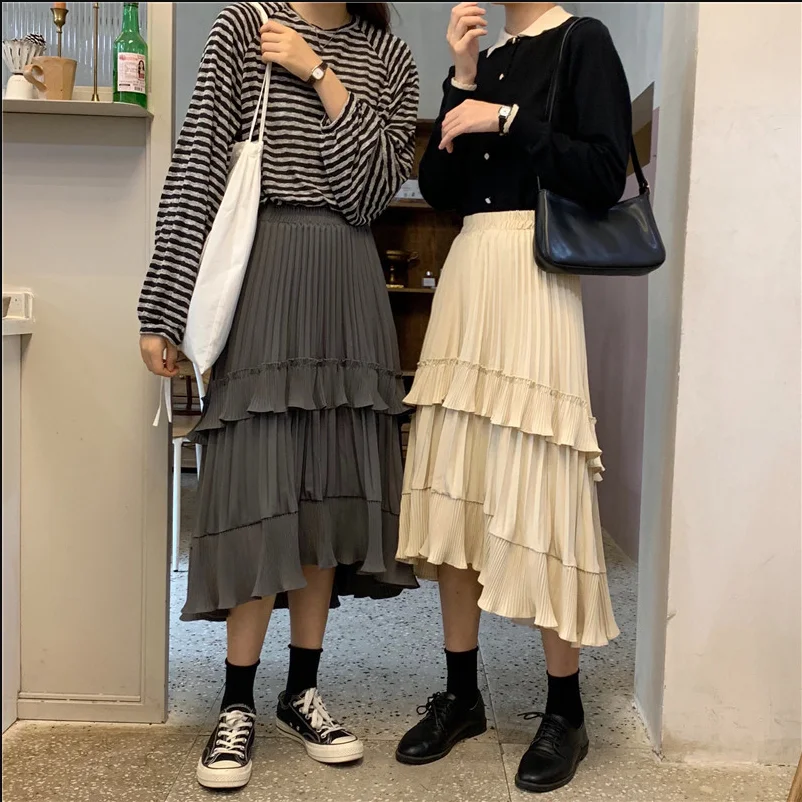 Long Skirts Womens Spring Summer Irregular Pleated Skirt Female Ruffle All-Match A-Line Skirt Faldas Jupe Femme