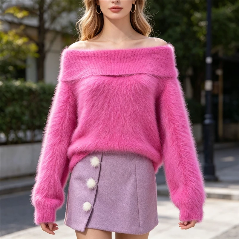 

Women Mujer Autumn Winter Fashion Hairy Mink Cashmere Knitted Off Shoulder Sleeves Loose Pullover Angora Sexy Jumper Pull Tops