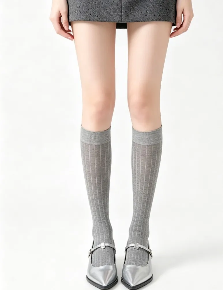 Ultra Thin Solid Grey Stacked Calf Socks For With Anti-Pilling Straight Heel Daily Wear Ladies, Vertical Stripe High Socks
