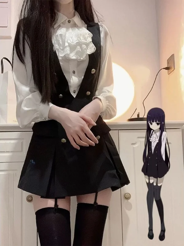 Gothic Culture Anime School Uniform Cosplay Uniform Two-Piece Set Autumn Winter Shirt And Skirt High Waist Bells Hemline