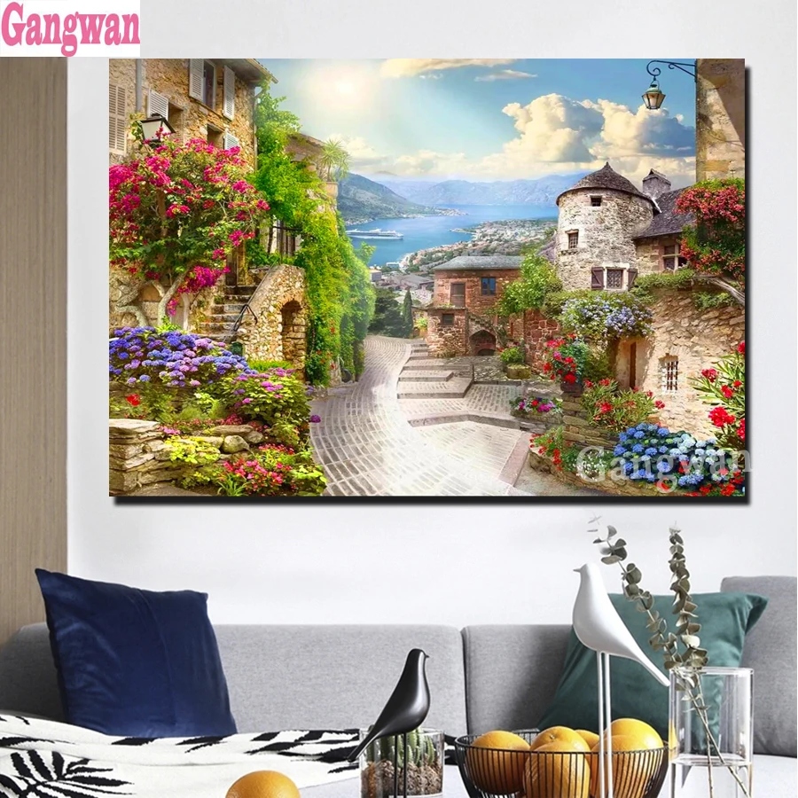 Full Square round drill Diamond painting Wall mural Streets, Seaside city Diamond embroidery Cross stitch lower garden decor art