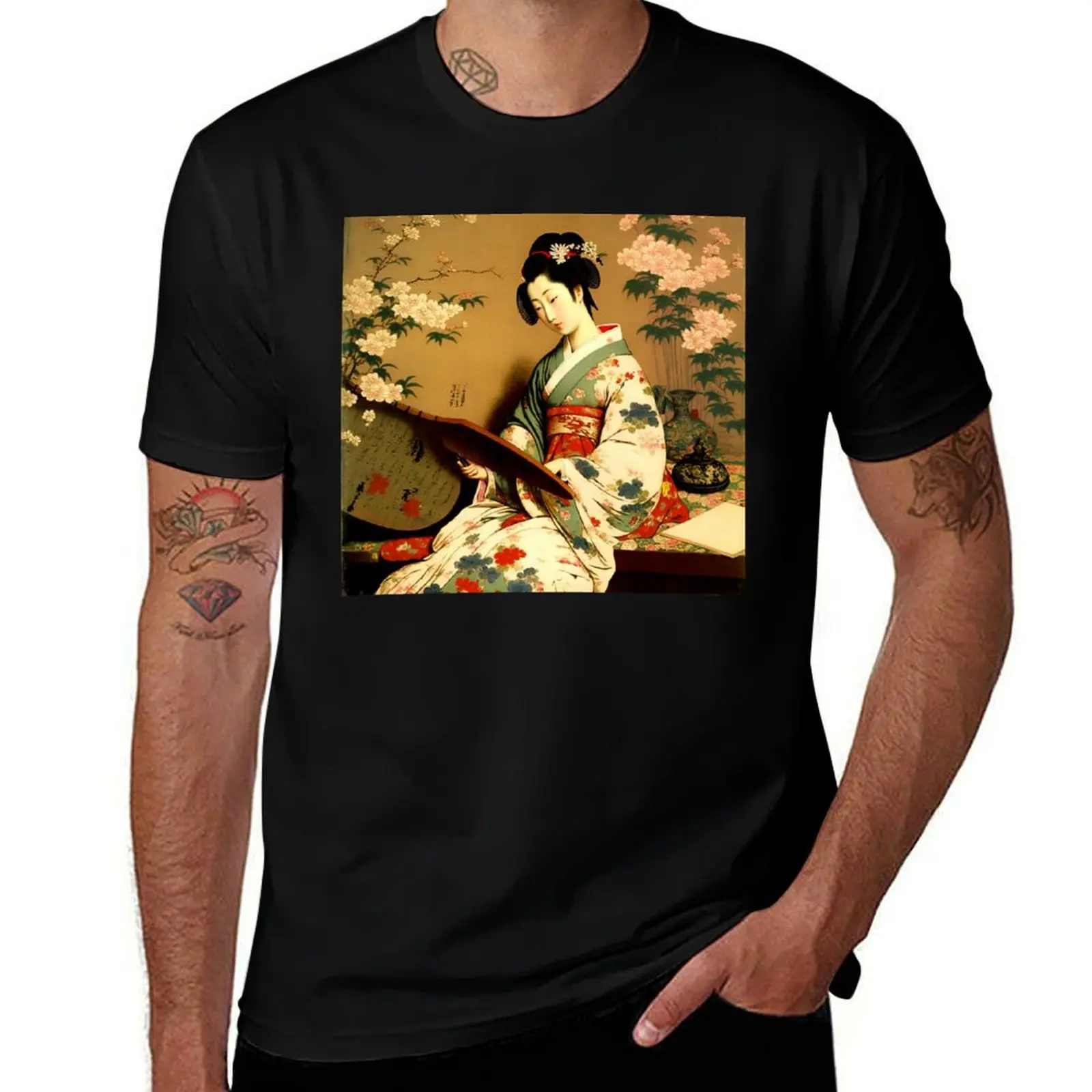 Japanese Geisha in Kimono - Vintage Poster Wall Art with Floral Design T-Shirt korean fashion summer tops mens tall t shirts