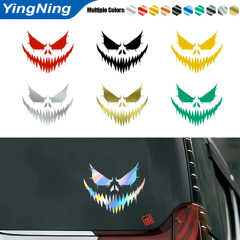 

Halloween Evil Grin Car Decal Reflective Scary Monster Face Sticker Waterproof Vinyl Graphics for Car Window Helmet Laptop